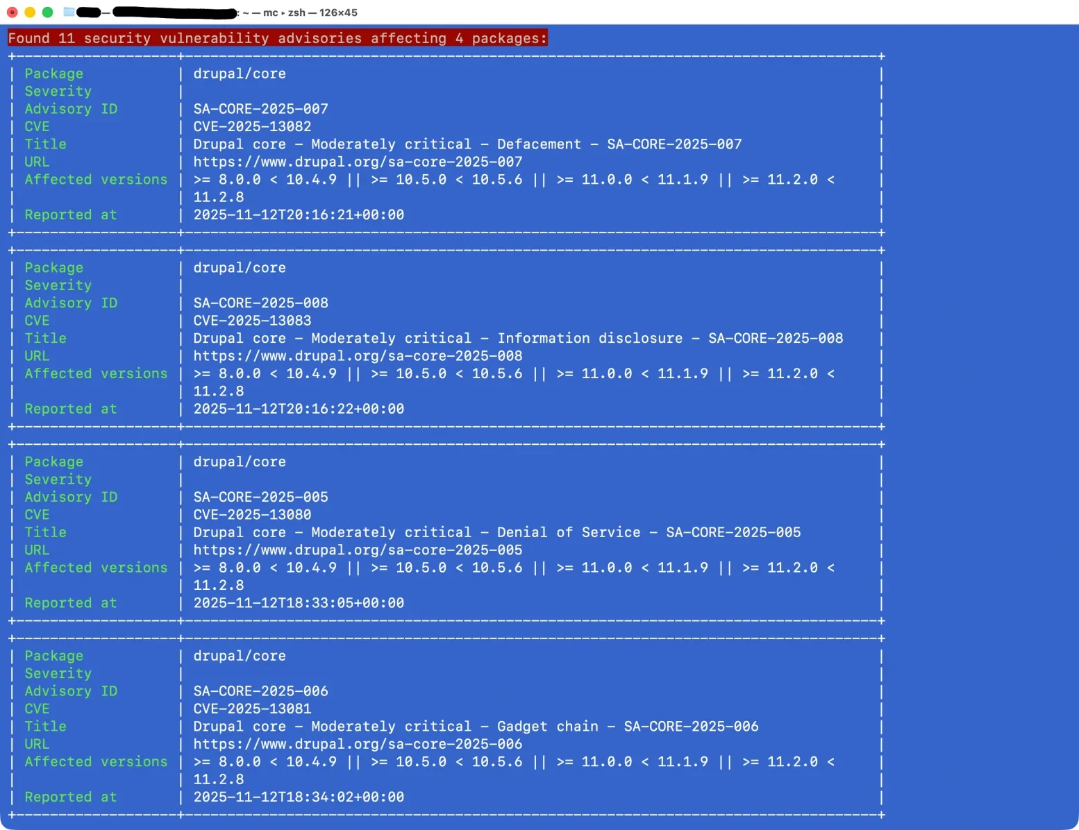 Ukázka výstupu composer audit pro delší dobu neudržovaný web s&nbsp;Drupalem, samé staré moduly
