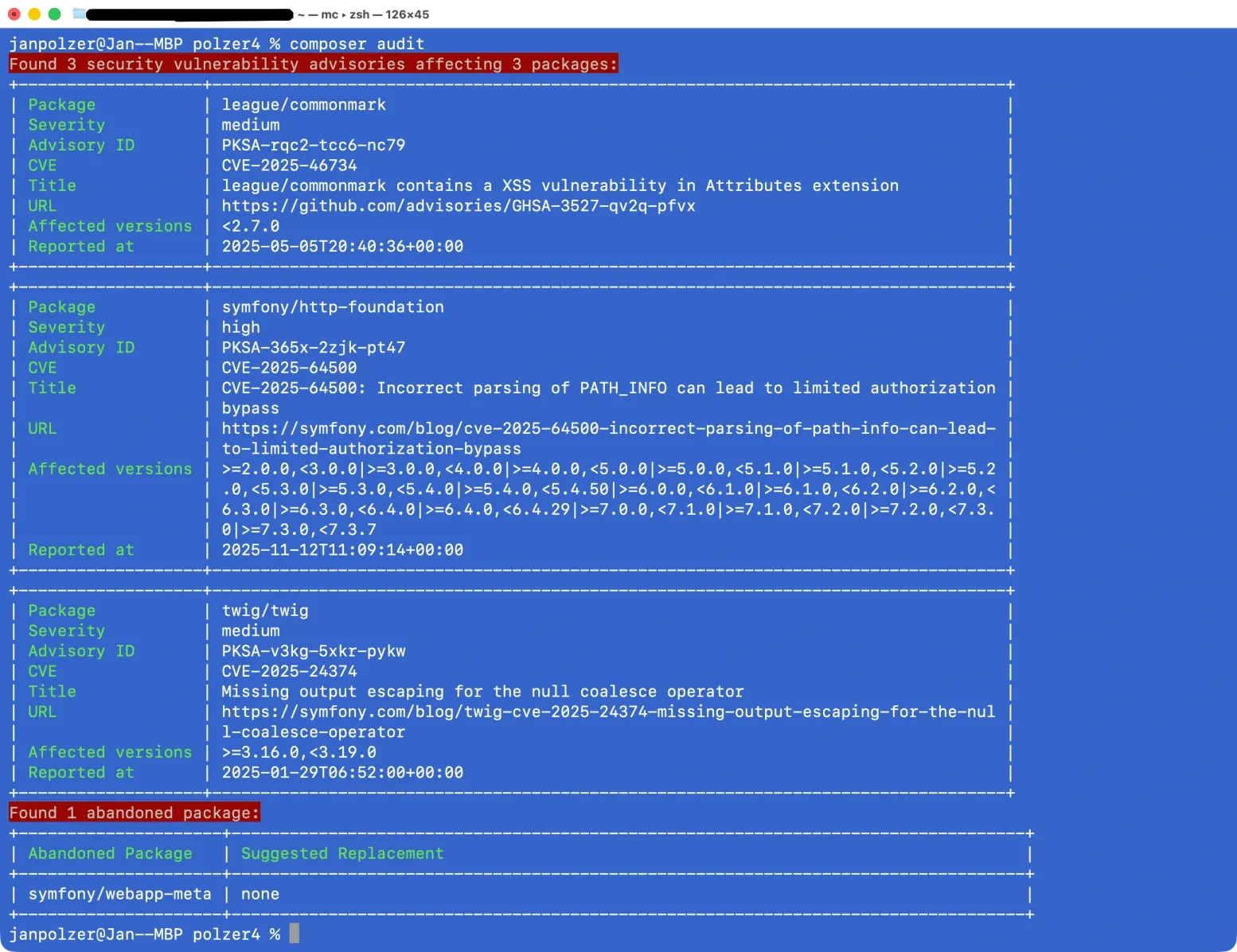 Kromě zranitelností vás composer audit upozorní také na opuštěné balíčky, což nemusí být automaticky problém