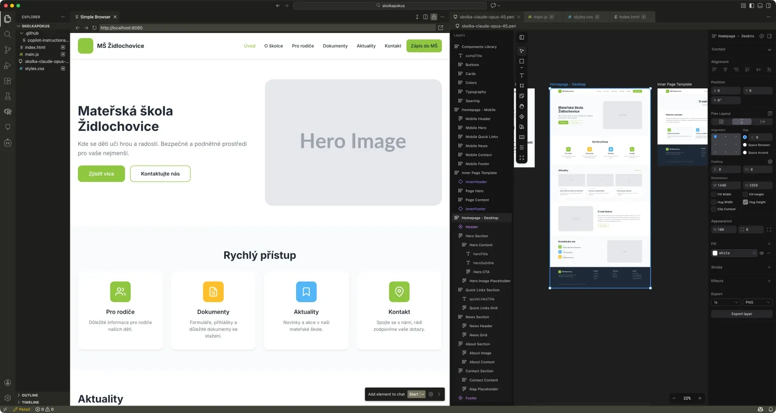 Ukázka nakódované HTML stránky na základě vygenerovaného designu