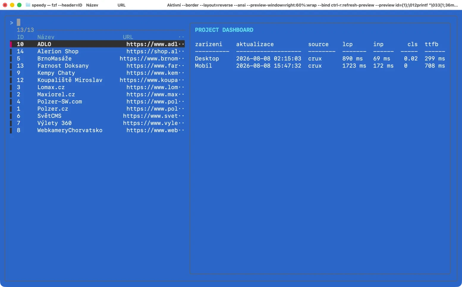 fzf v praxi v kombninaci s sqlite-utils