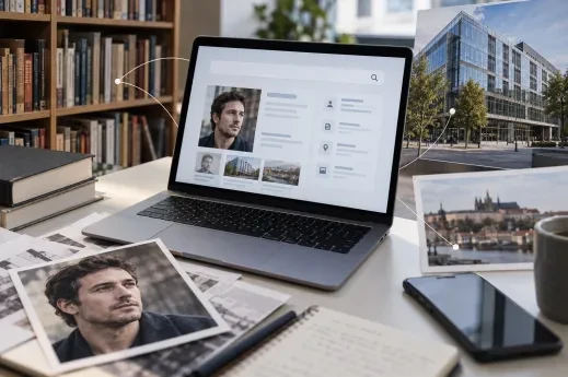 Realistická koláž notebooku s vyhledáváním osoby, portrétní fotografie, knih a budovy.